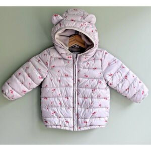 Old Navy Baby Girl Floral Puffer Jacket 18-24 Months Pink Hooded Fleece Lined